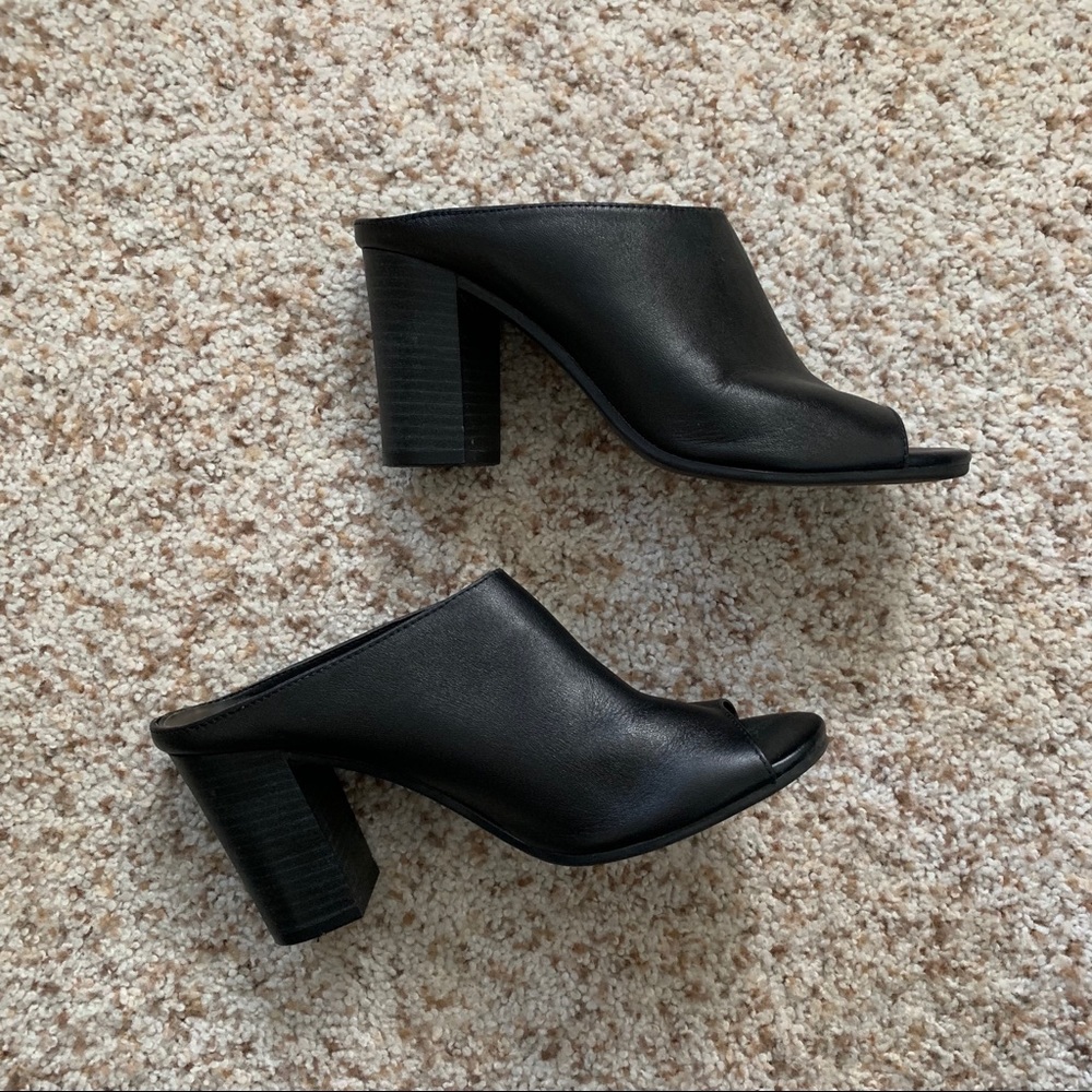 Anthropologie Black Leather Peep-Toe Mules